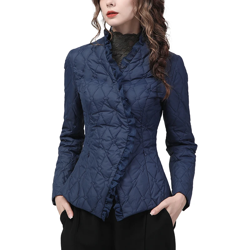 Elegant Ruffles Women\' Winter Down Jacket Elegant Slim Short Blue Down Coat Warm Lightly White Duck Down Office Casual Jackets