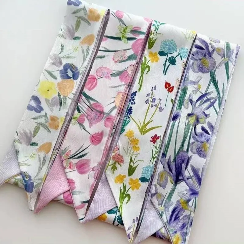 

New Spring Summer Floral Silk Scarf Hair Tie Bag Binding Ribbon Elegant Versatile Neck Scarf Decoration Fashion Women Accessory