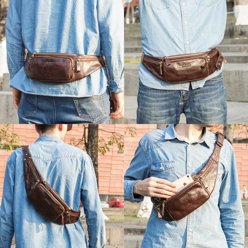 

Genuine leather men's sports waist bag, top layer cowhide multi-functional large-capacity mobile phone storage chest bag