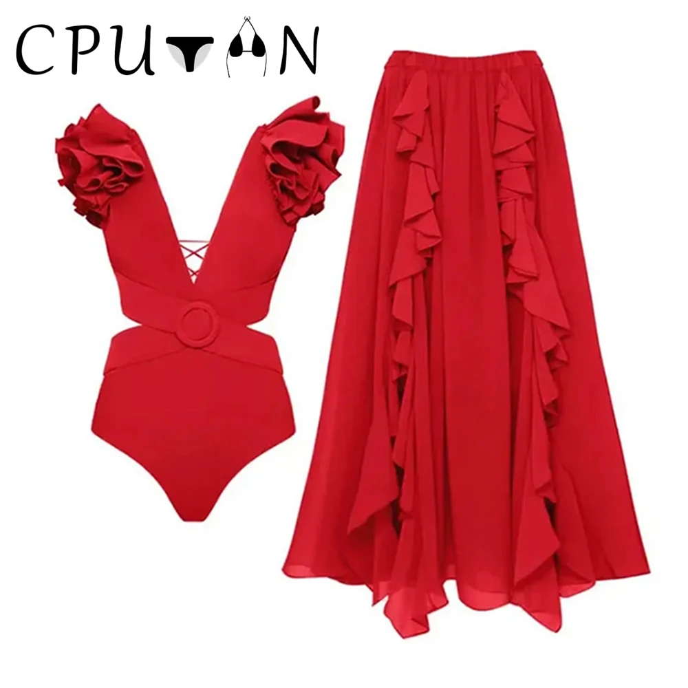 CPUTAN 2024 New Sexy 3D Flower Bikini Set Red Ruffle High Waist Bathing Suit Dress Beach Skirt Brazilian Biquini Swimwear Women