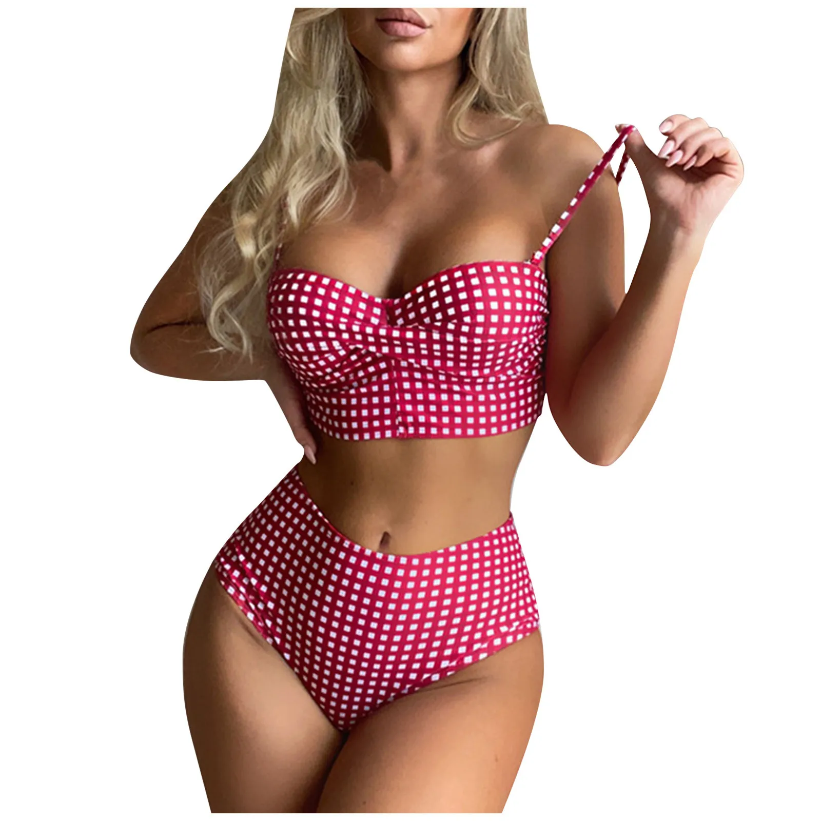 Women\'S Plaid Swimsuit With Chest Pad Push Up Two-Piece Swimsuit Tank Top With Panties Slim Fit Swimsuit Plaid Swimsuit 비키니