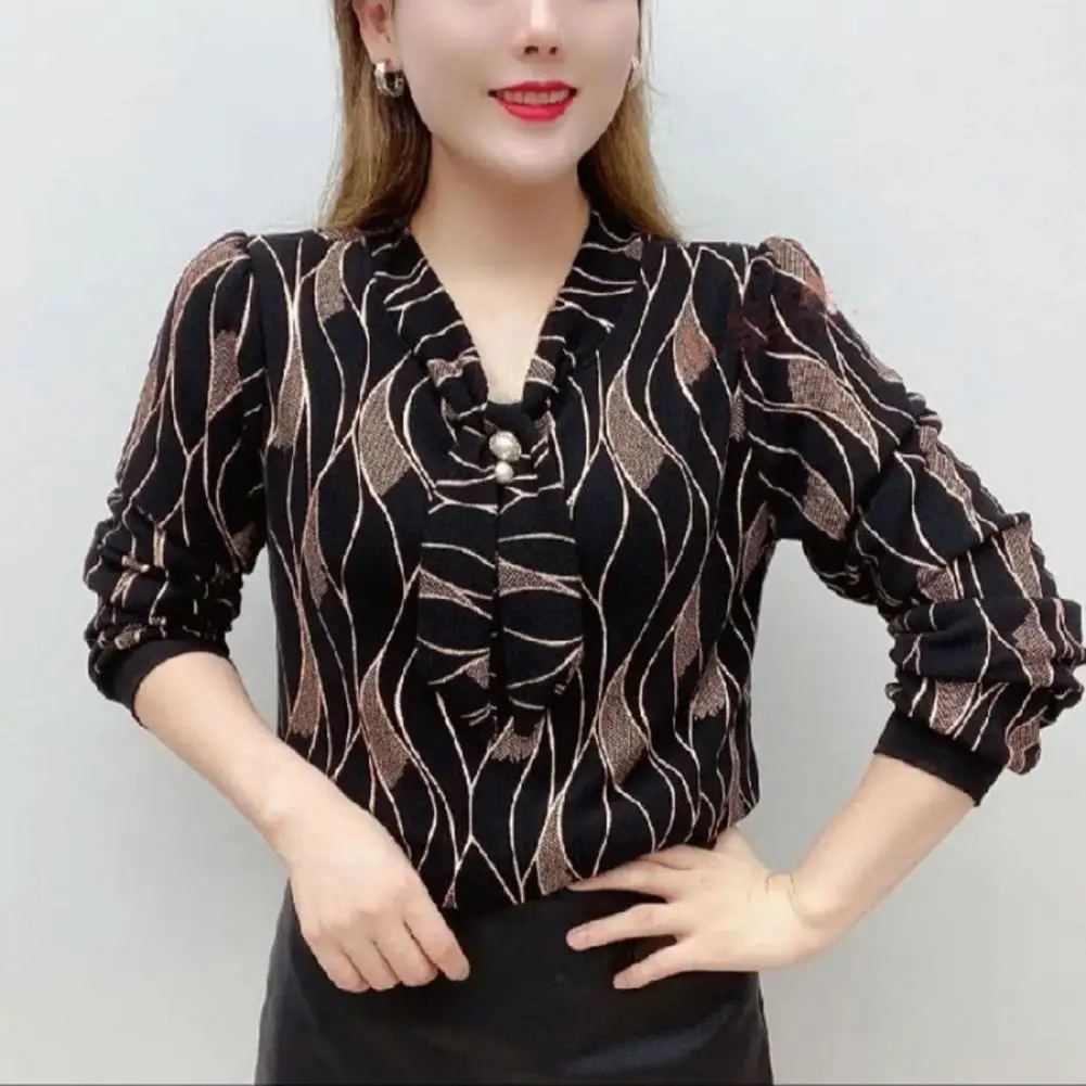 

Women Long Sleeve Shirt Polyester Stylish Women's V-neck Tie Shirt with Long Sleeves Faux Pearl Detailing Loose Fit Blouse Plus