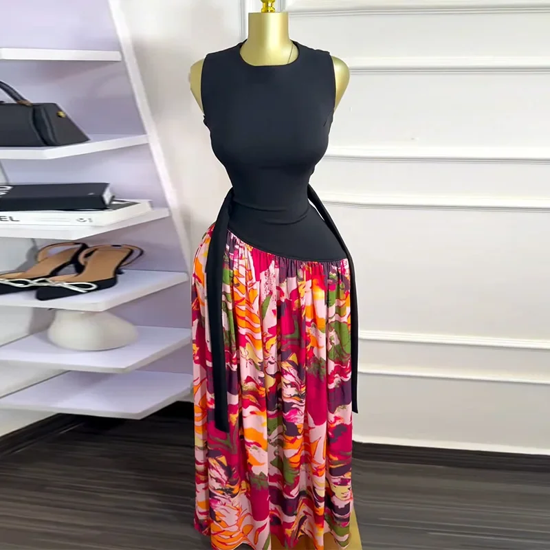 

Women Sleeveless with Sashes Printed Patchwork Tank Long Maxi Dress 2025 Birthday Evening Sexy Party Dresses Vestidos 2025