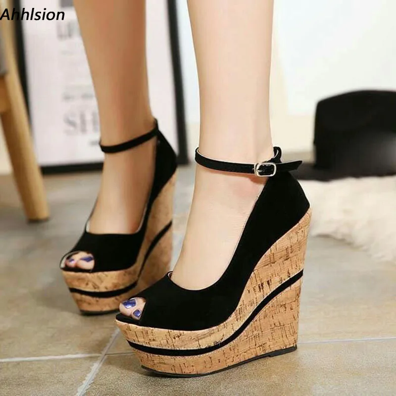 Ahhlsion Real Photos Women Platform Pumps Comfort Wedges High Heels Peep Toe Elegant Black Casual Shoes US Plus Size 5-15