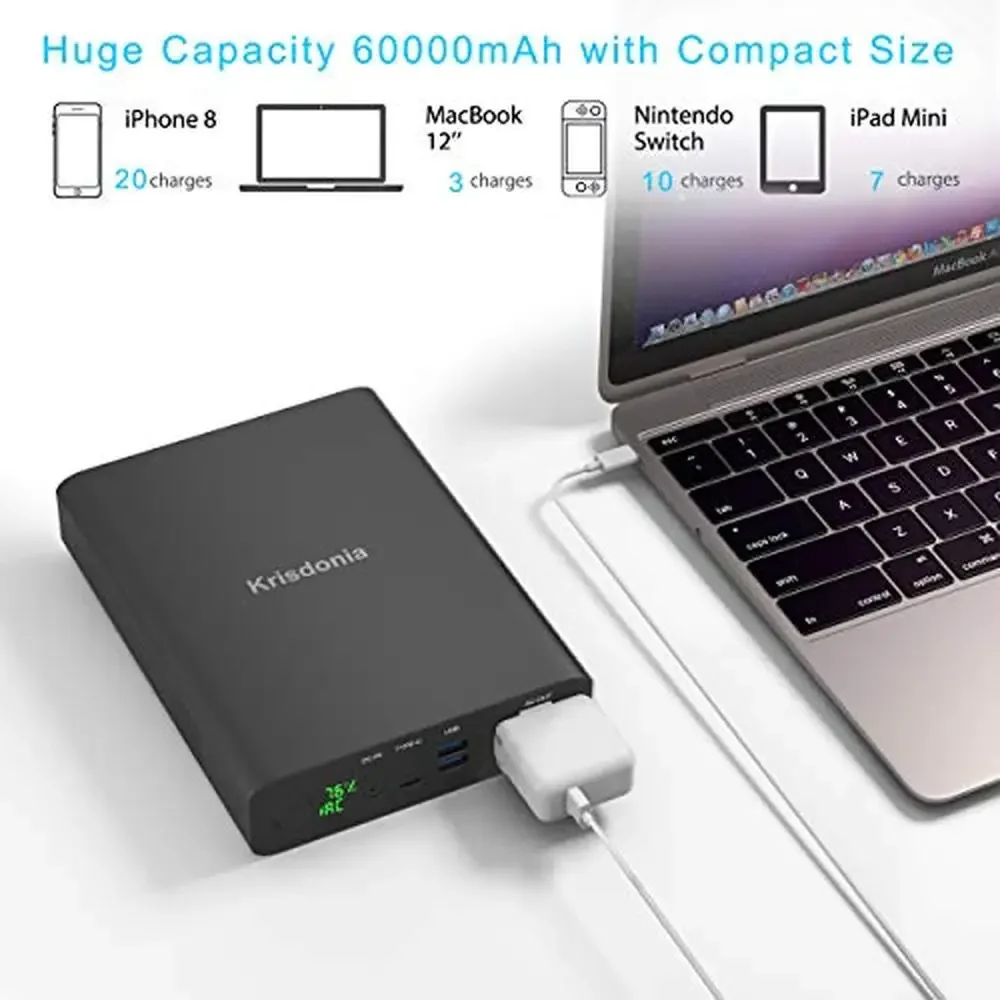 ポータブルノートブックパワーバンク,60000mah,130w,2 usb,qc 3.0,タイプc,cpap,ドローン,緊急バックアップ,キャンプ用充電器,アルミニウムケース