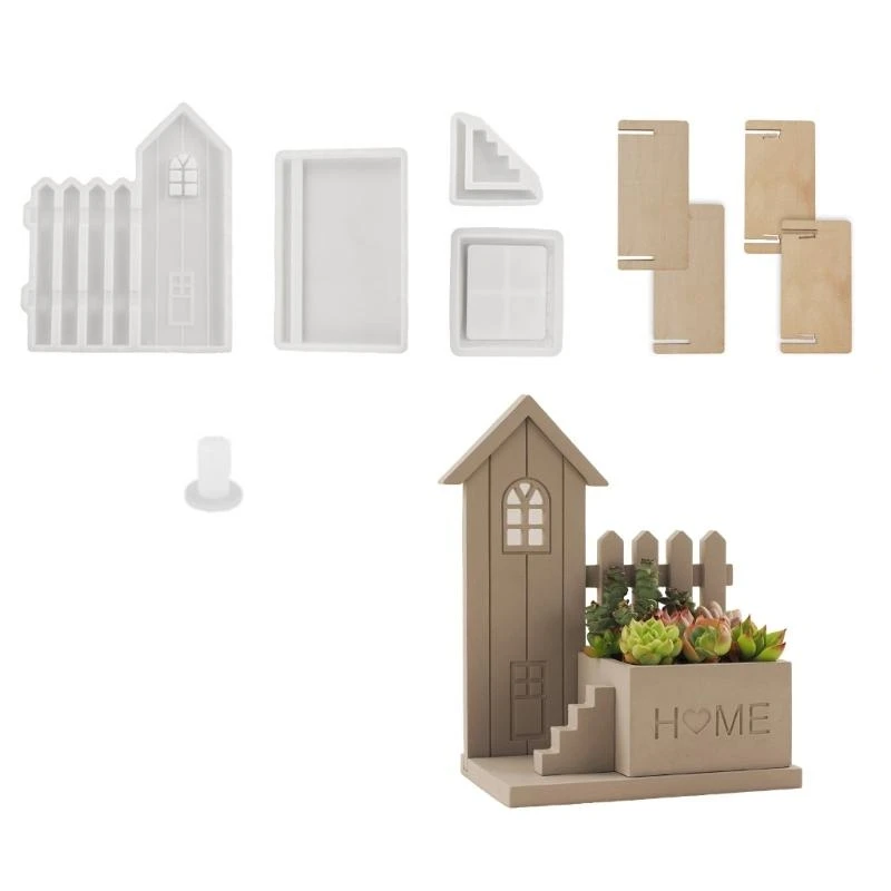 

652F House Shaped Silicone Moulds Silicone Flowerpots Molds for Epoxy Resin, Holder Tealight Stand Home Decoration