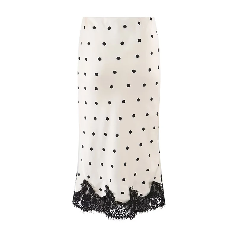 YENKYE Women's Polka Dot Satin Midi Skirt Lace Trim Hem High Waist Sexy Bodycon Summer Skirts