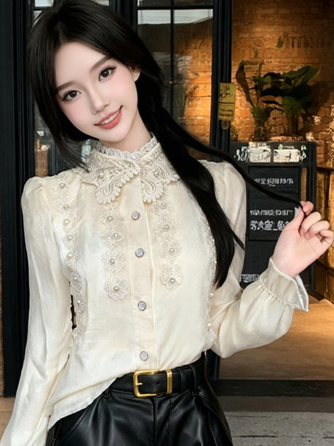 

Retro Court Style Semi-High Collar Lace Flower Beaded Princess Sleeve Women's Shirt Luxury Floral Print Long Sleeve Breathable