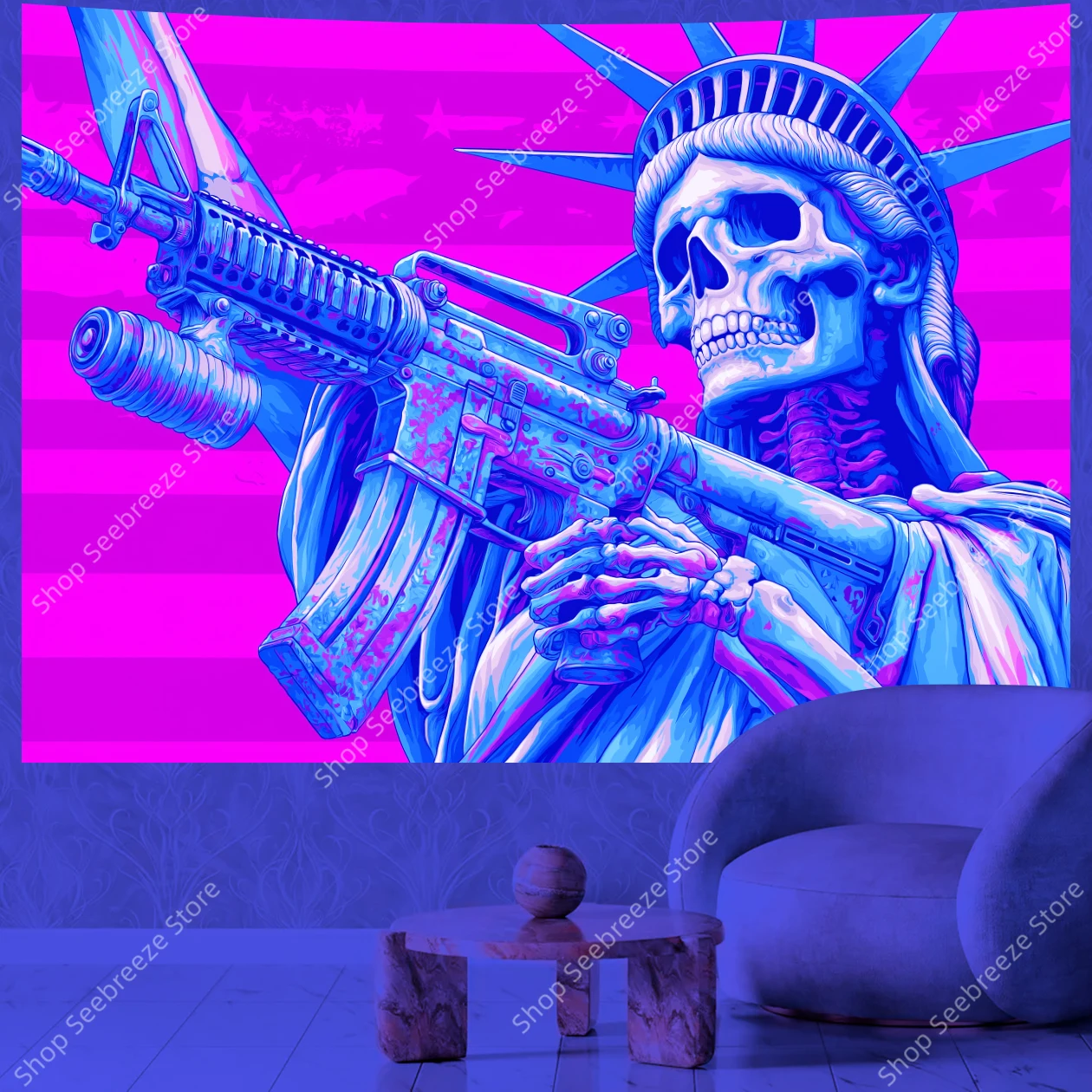 Skull Liberty Statue UV Tapestry Punk Style Gun Art with Pink Star Background Edgy Wall Hanging for Alternative Room Decor