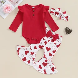 Baby Girls Valentine’s Day Outfits Long Sleeve Romper + Heart Flare Pants + Headband Set Infant Clothes