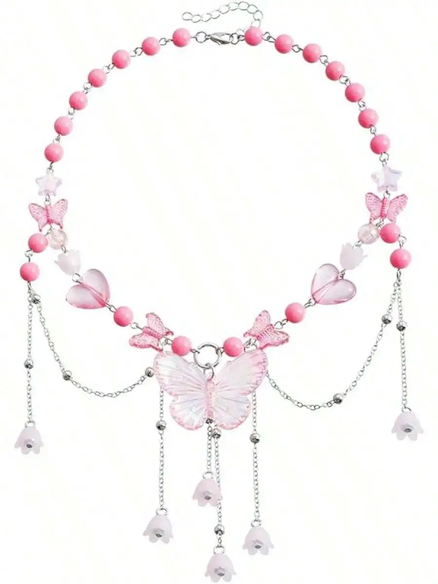 

Ожерелье-чокер с розовой бабочкой, бусинами и цветочными подвесками