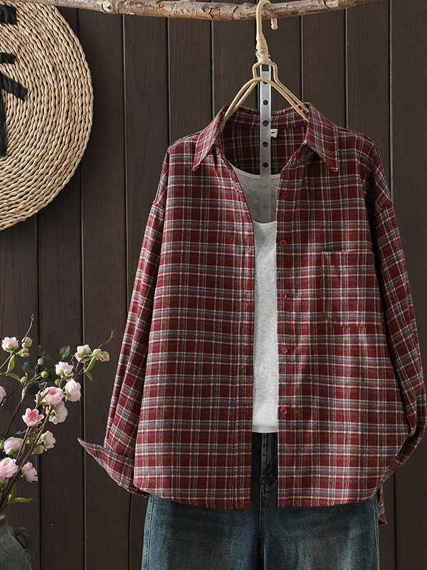 

Retro Plaid Long Sve Floing Women's irt plus Size Versatile Layering Open Cardigan Spring Casual Loose Fit Flip Collar