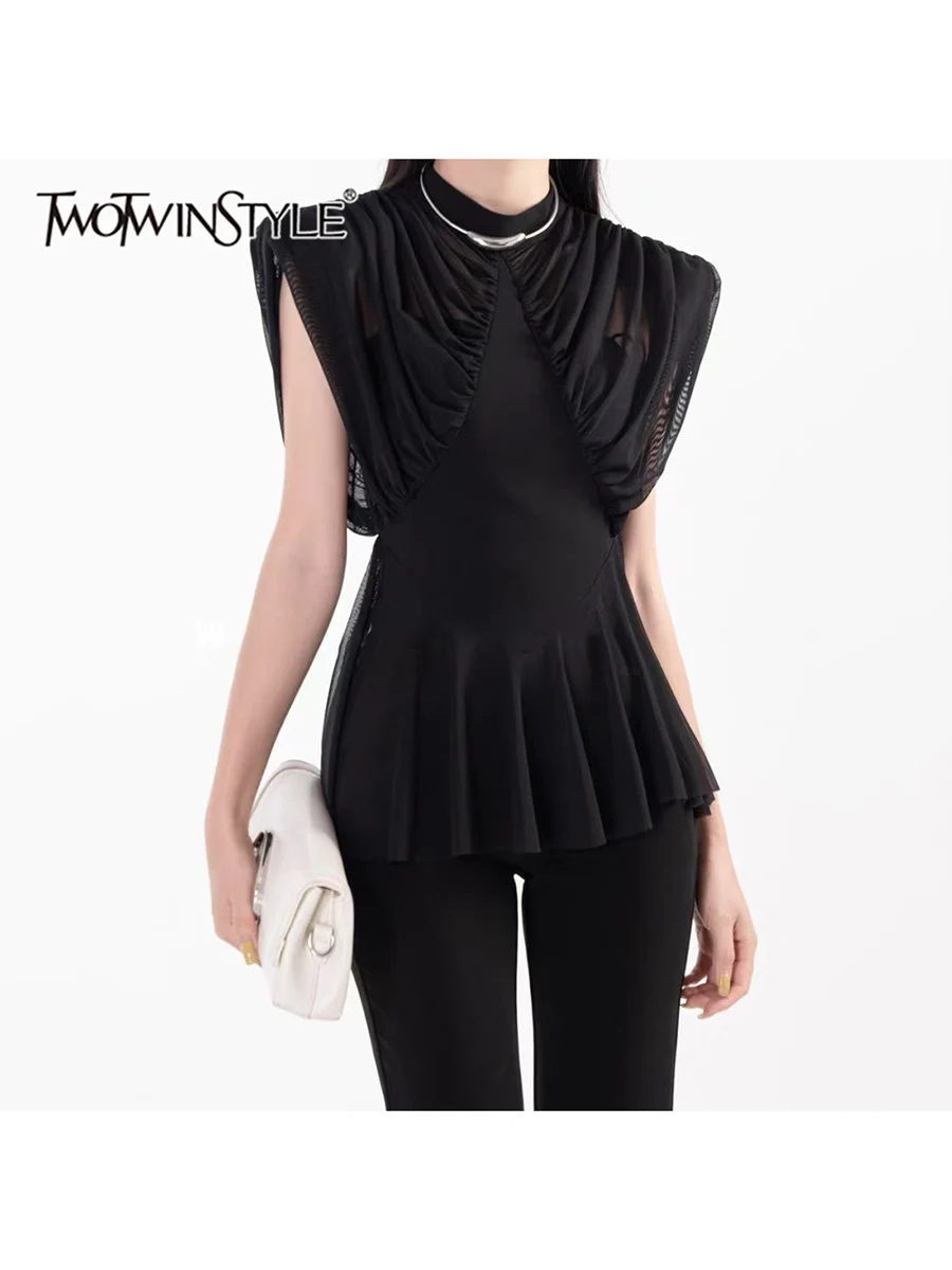 

TWOTWINSTYLE Solid Spliced Folds Slimming Blouses For Women O Neck Sleeveless Tunic Temperament Shirts Female Fashion Style New