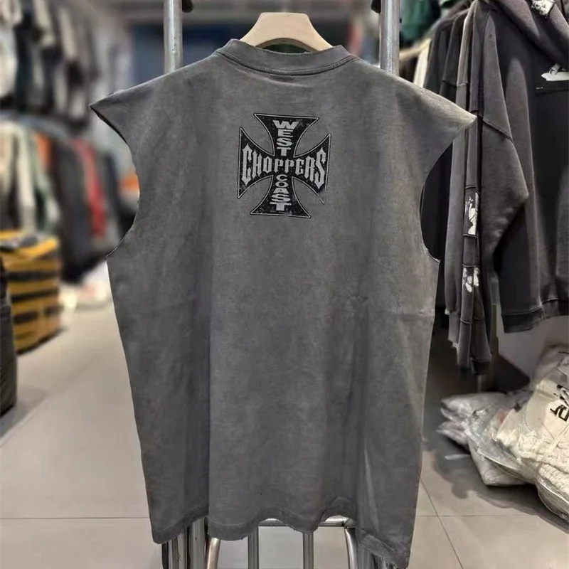 High Street Vintage Washed Gray Oversized West Coast Choppers Sleeveless T-Shirt Men Women Cotton Patterned Print Tops