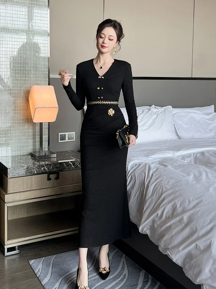 CommPiedmont-Robe Longue Noire Col V Femme, Manches sulf, Simple Boutonnage, Fleur 3D, Taille Haute, Hanche Enveloppée, Français, Élégant, Automne