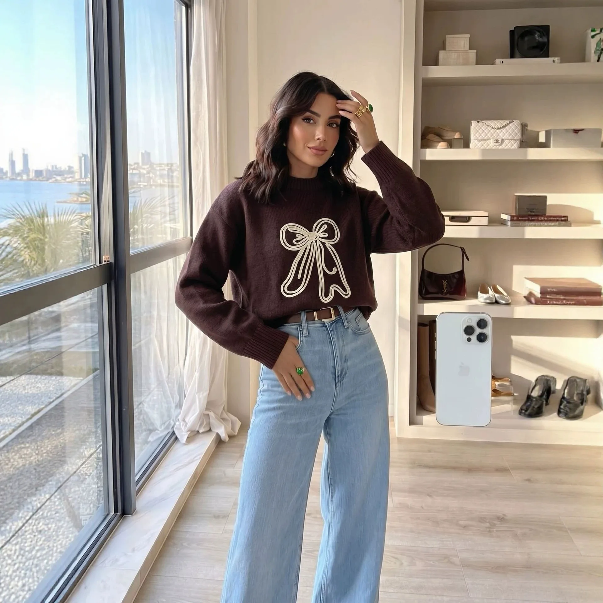 Cute Bow Embroidery Sweater Women Korean Style Round Neck Loose Knit Tops Chic Casual Long Sleeve Pullovers Jumper Outerwear 2