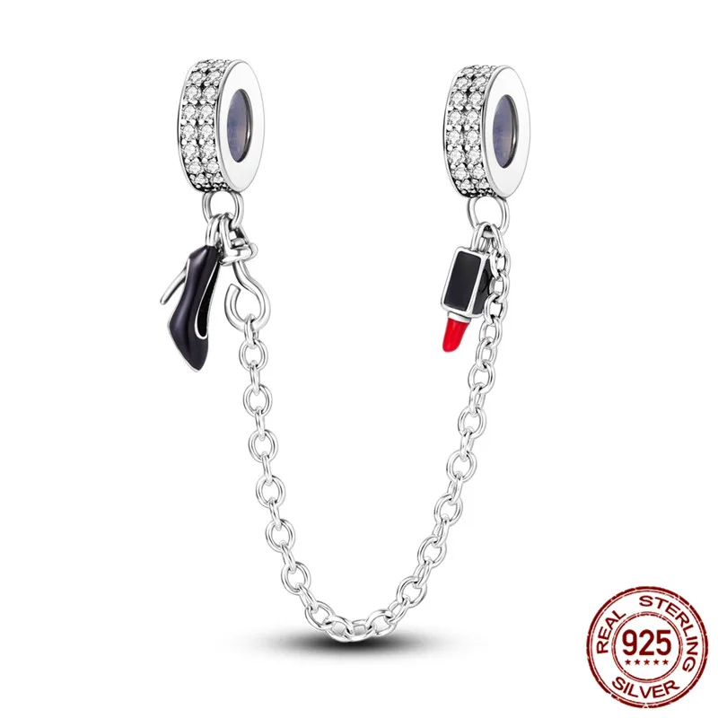 

925 Sterling Silver Lipstick and High Heel Charm Safety Chain, paired with an original bracelet, a perfect DIY jewelry gift for