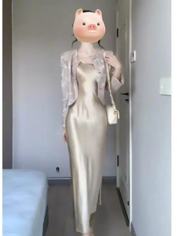 Chic Acetato Raso Jaet And Dr Set Vintage Sle Or Sve Long Dr Comodo Fit Autunno Faion Ensemble da donna