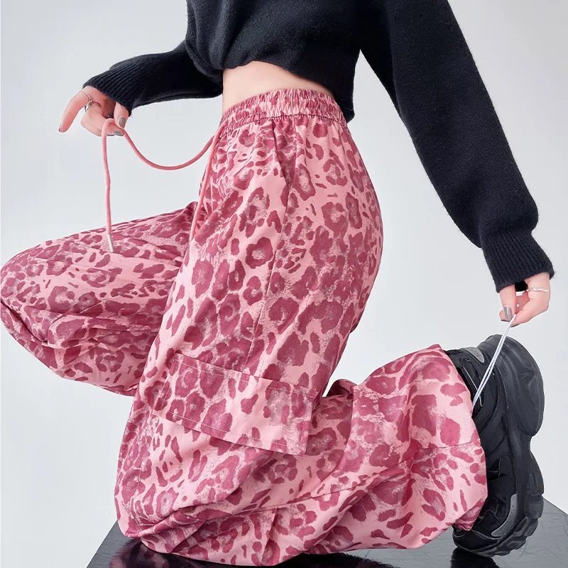 Fashion Leopard Print American Street High Waisted Casual Versatile Straight Leg Floor Length Pants for Autumn and Winter