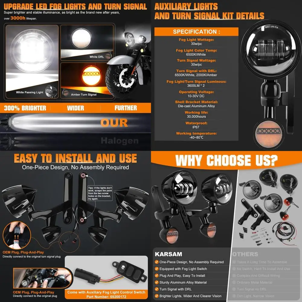 

Комплект вспомогательных противотуманных фар и указателей поворота с кронштейном и переключателем для Harley Touring Street Glide E 2014-2023 гг.