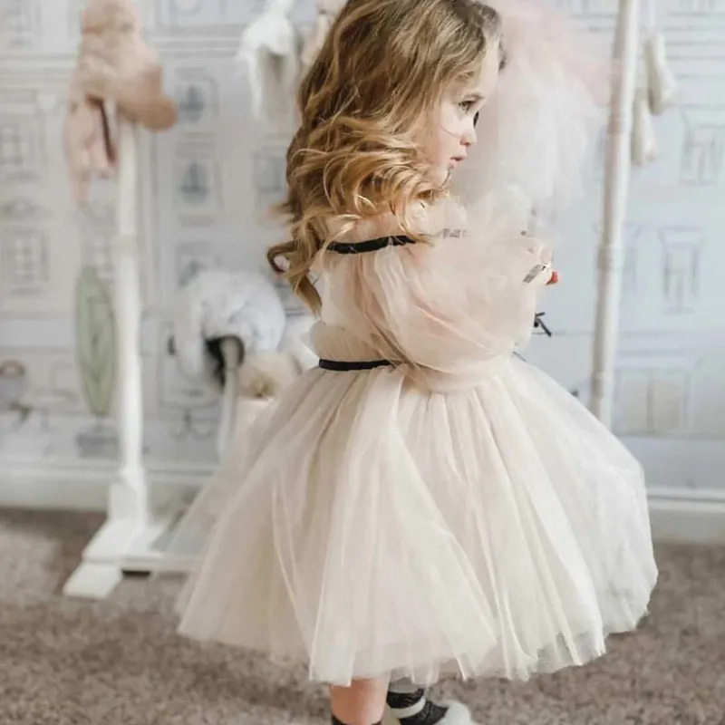 Baby Girl Princess Off Shoulder Tutu Dress Long Sleeve Child Vintage Gauze Tulle Vestido Party Wedding Birthday Frocks 1-14Y