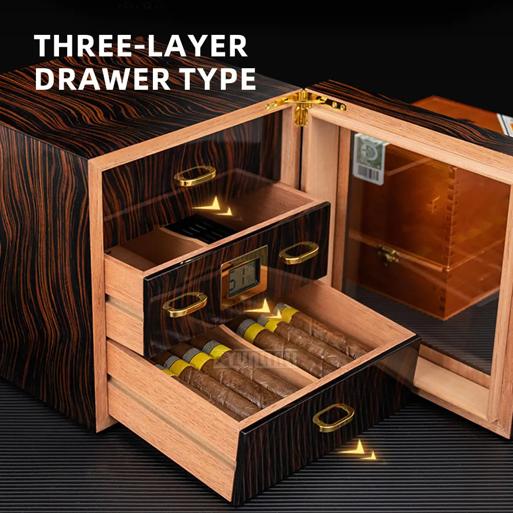 High-Gloss Lacquered Cedar Wood, Cigar Box, Three-Tier Cigar Cabinet with See-Through Windows, Large-Capacity Humidor