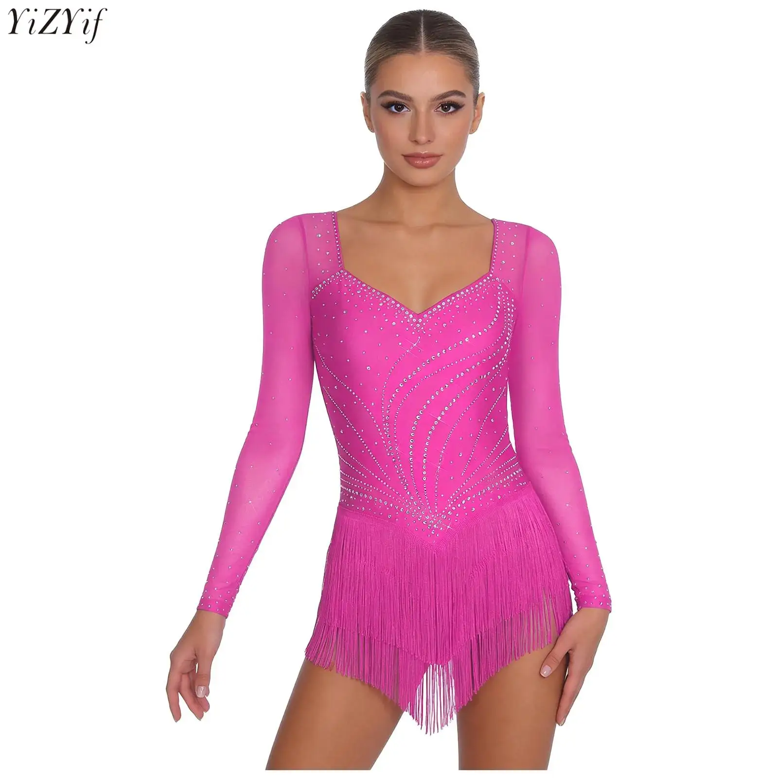 

Womens Tassel Latin Dance Leotard Dress Long Sleeve Sheer Mesh Shiny Rhinestones Ballroom Jazz Cha-Cha Tango Samba Dancewear