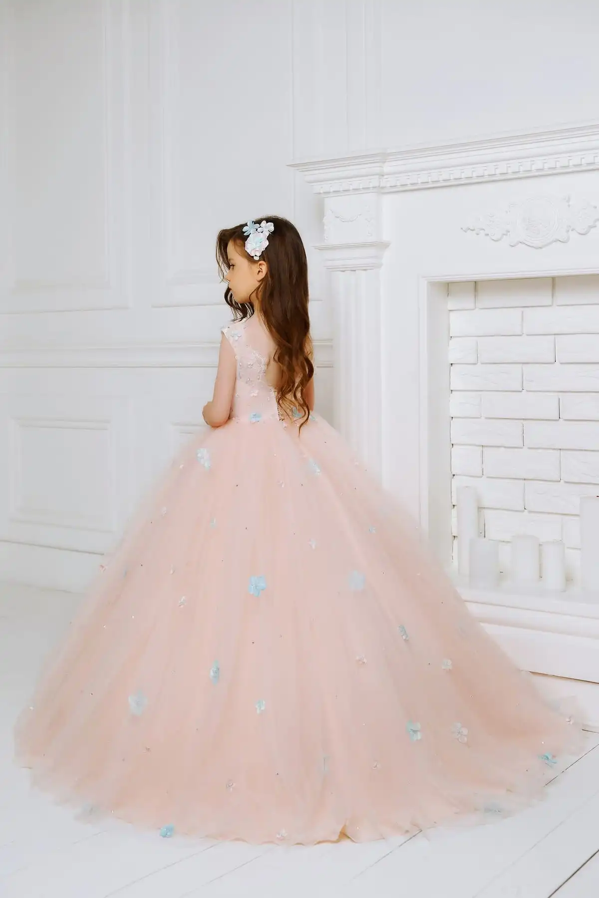 Vestido de niña de flores rubor, vestido de princesa de tul esponjoso, personalizado, cosido a mano, gama alta