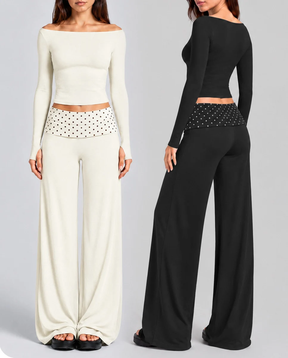 Womens Fitness 2Pcs Suit Off-the-shoulder Long Sleeve Slim Crop Top Color Block Polka Dot Printed Waist Loose Straight Leg Pants