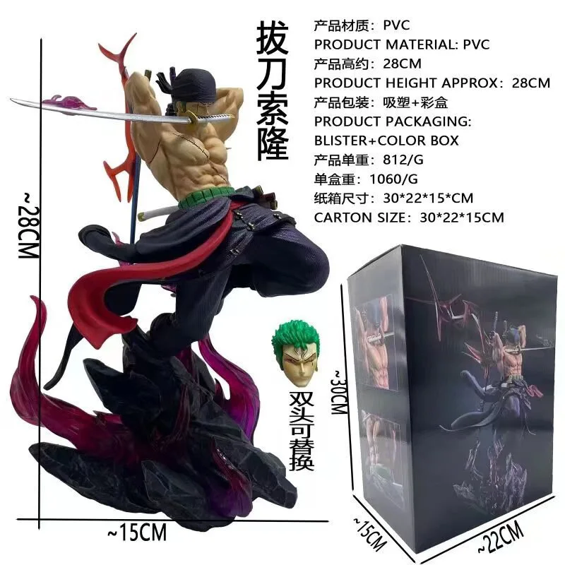 28 cm One Piece Zoro Figur Dual Head Sculpt Austauschbare Zeichnung Schwert Effekt PVC Anime Statue Desktop Decor Fans Sammlung Geschenk