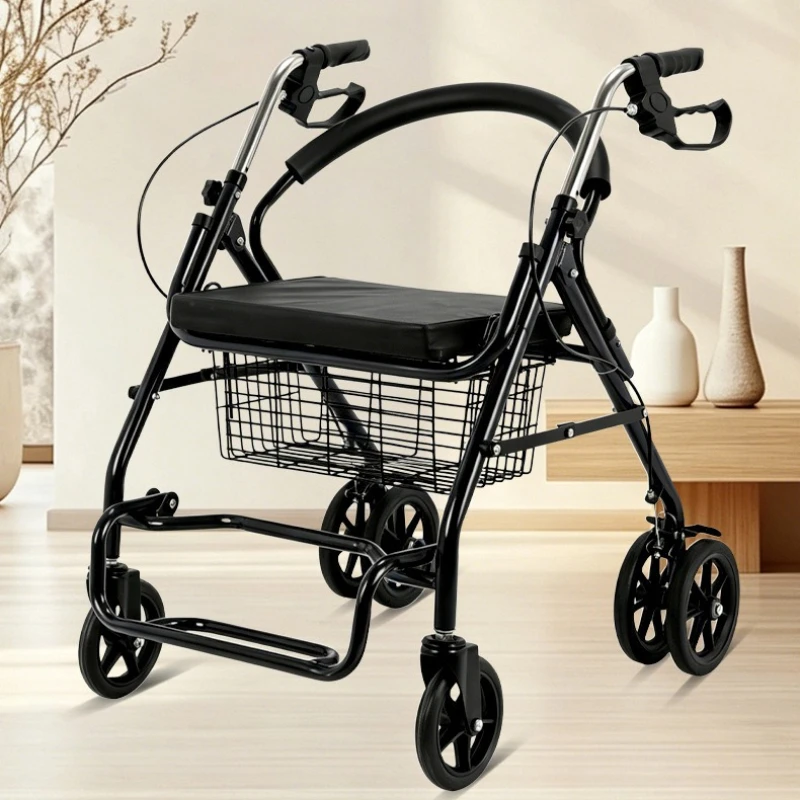 Foldable Elderly Shopping Walker Height Adjustable Stable Practical Rollator for Rehabilitation Walking Pushable Seatable