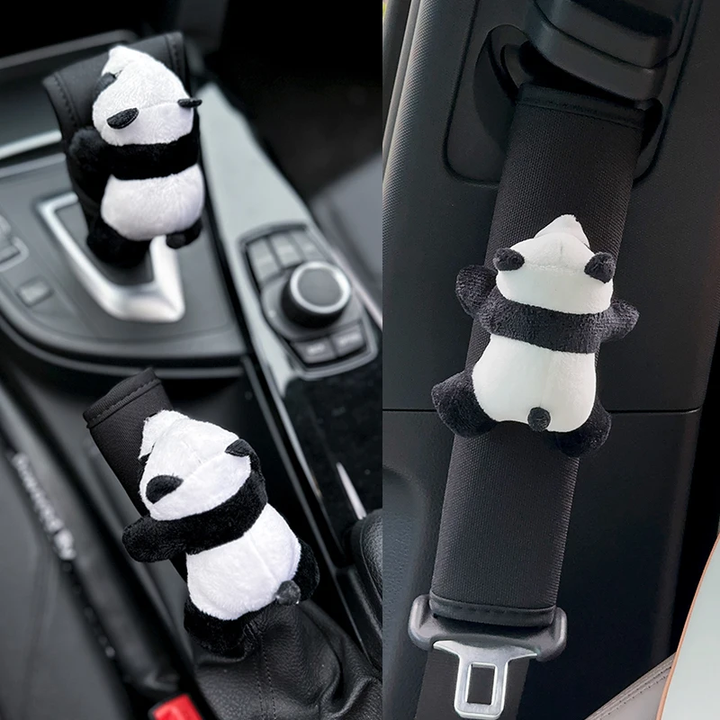 1pc Cute Cartoon Panda Doll Breathe Ice Silk Car Seat Belt Cover Gear Shift Case Auto Bear Universal Car Interior Accessories