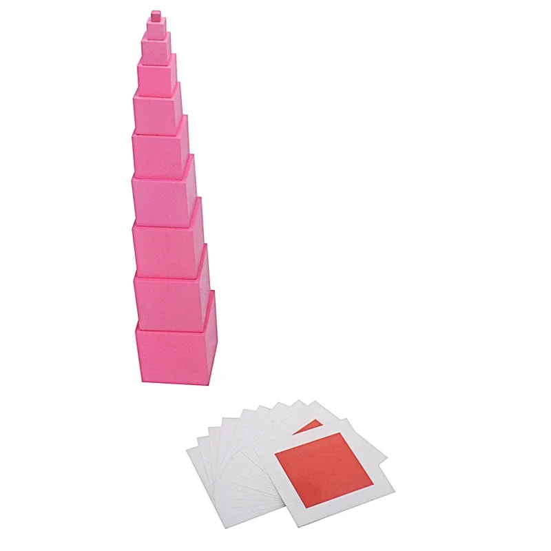 Montessori Materials Pink Tower with 10Pcs Stand Cards 0.7-7CM Early Childhood Education Preschool Kids Toys Brinquedos Juguetes