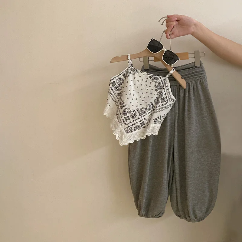 Girls Korean Design Sense Irregular Strapless Top Summer New Casual Wide Leg Long Pants Two Piece Set
