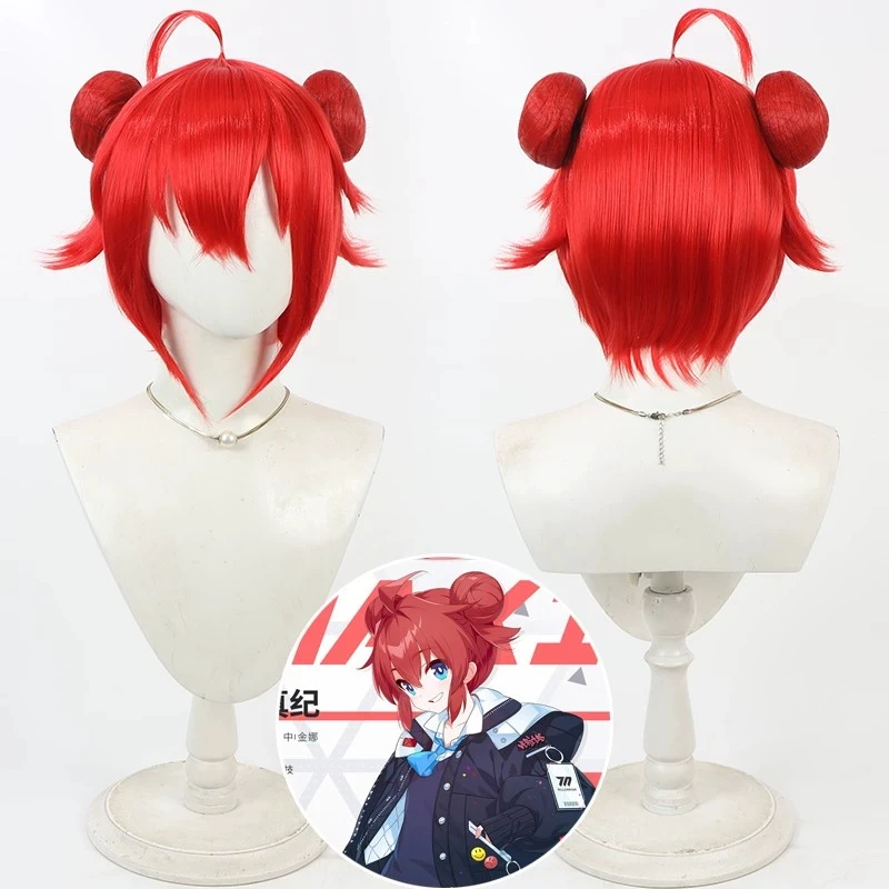 Blue Archive Konuri Maki Cosplay Wigs with Buns 30cm Short Red Heat Resistant Synthetic Hair Halloween Carnival Party Role Play