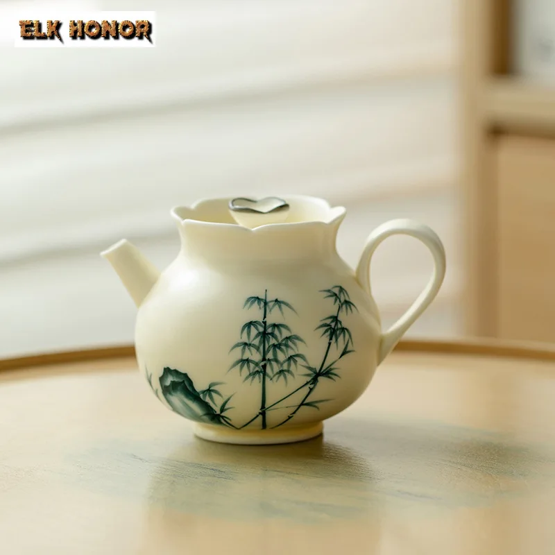 160ml Luxury Beige Glaze Teapot  Pure Hand-painted Taihu Lake Bamboo  Pot Household Tea Soaking Kettle Dahongpao Cafes Ornaments