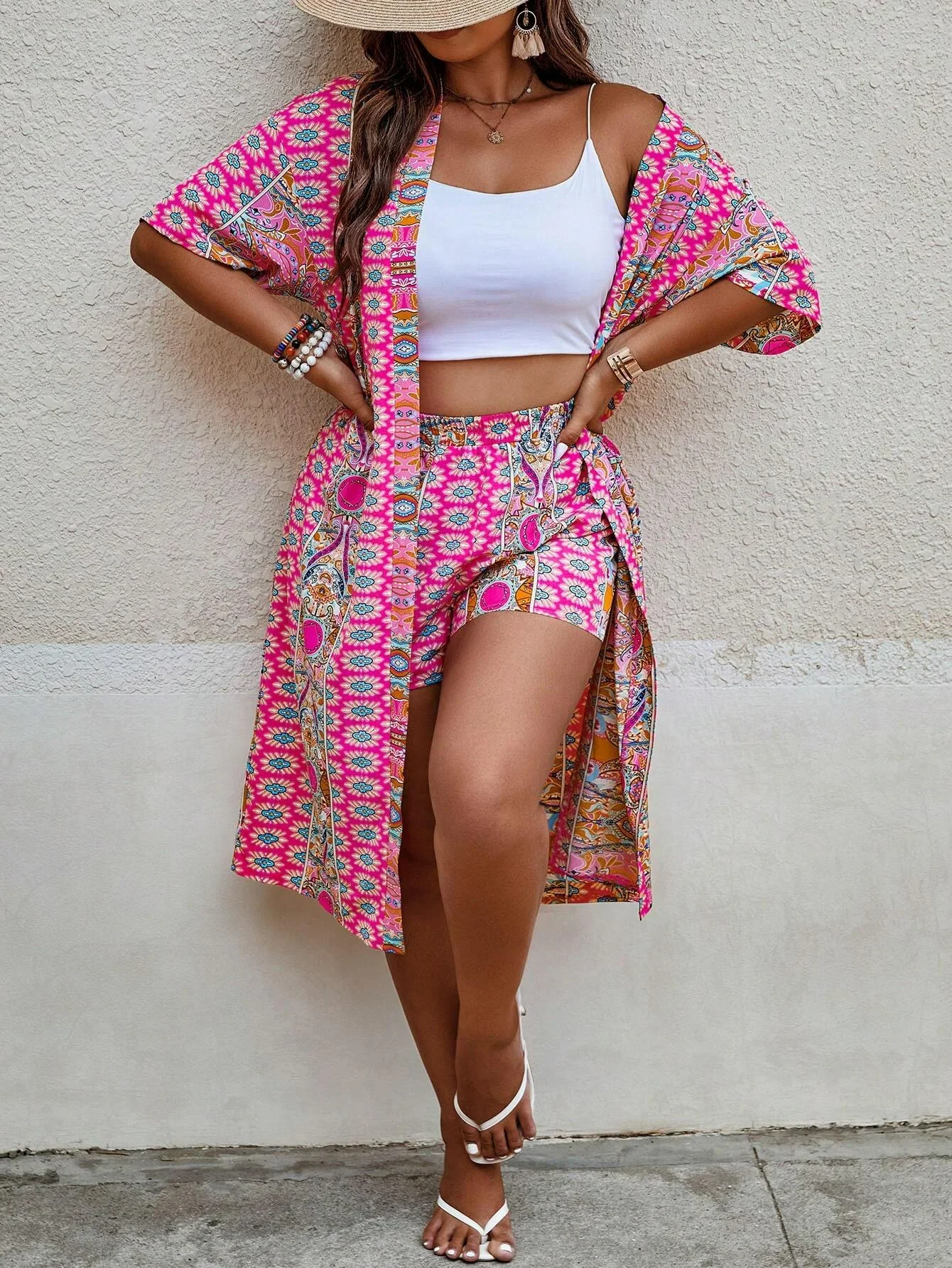 Women\'s Plus Size Printed Two-piece Set, featuring a bohemian print open front kimono with short sleeves and shorts ensemble.