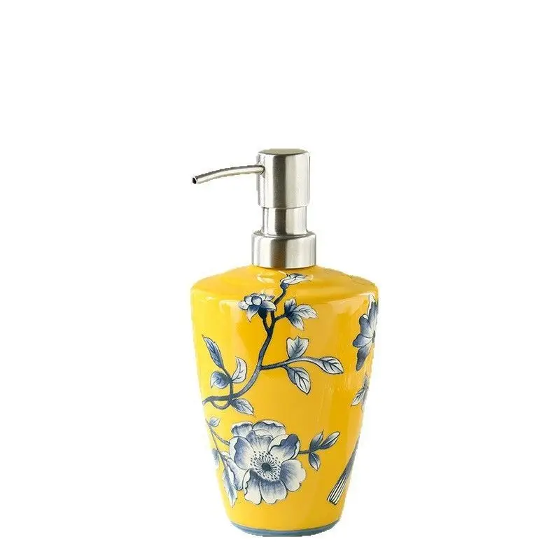 Nordic Vintage Painted Flower Ceramic Portable Lotion Bottle with Stainless Steel Pump Head Shower Gel Shampoo Dispenser Bottle
