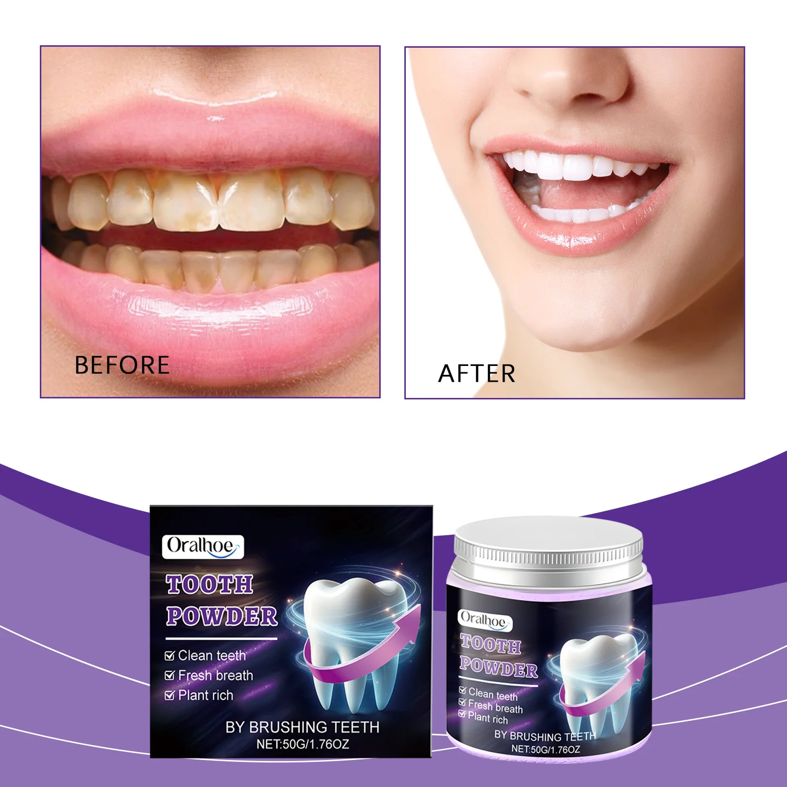 Simple purple whitening powder - covers stains, suitable for coffee, tea, food, wine, and tobacco stains.