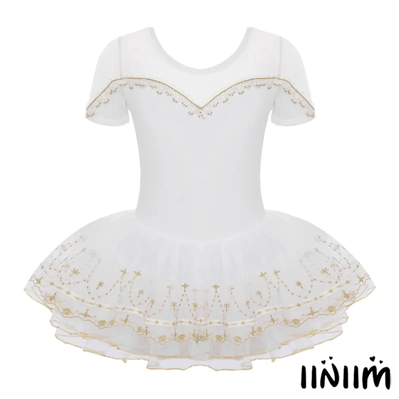 

Kids Girls Ballet Dance Lace Trim Dress Tutu Sheer Mesh Built-in Briefs Press Buttons for School Shows Performances Dancewear