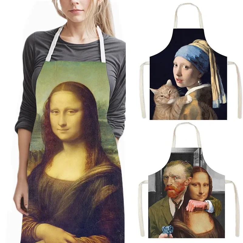 Mona Lisa Da Vinci Art Oil Painting Kitchen Aprons Women Men Home Cleaning Clothing Linen Pinafore Chef Waiter Cooking Apron