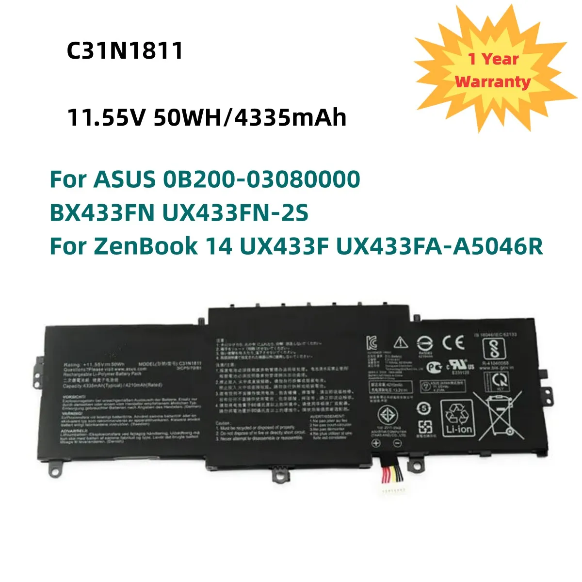 

C31N1811 Laptop Battery For ASUS 0B200-03080000 BX433FN UX433FN-2S For ZenBook 14 UX433F UX433FA-A5046R 11.55V 50WH