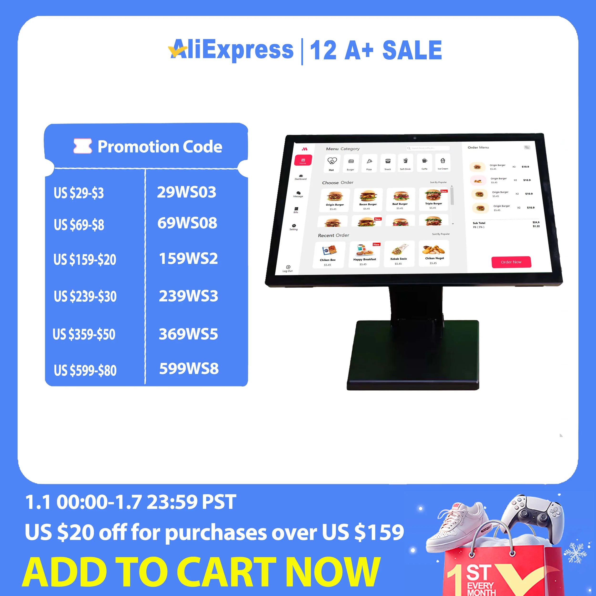 Android 13 Cash Registe 15.6 Inch Touch Screen with 1920*1080P Foldable Stand 4G+32G Restaurant POS Teminal Ordering Kiosk