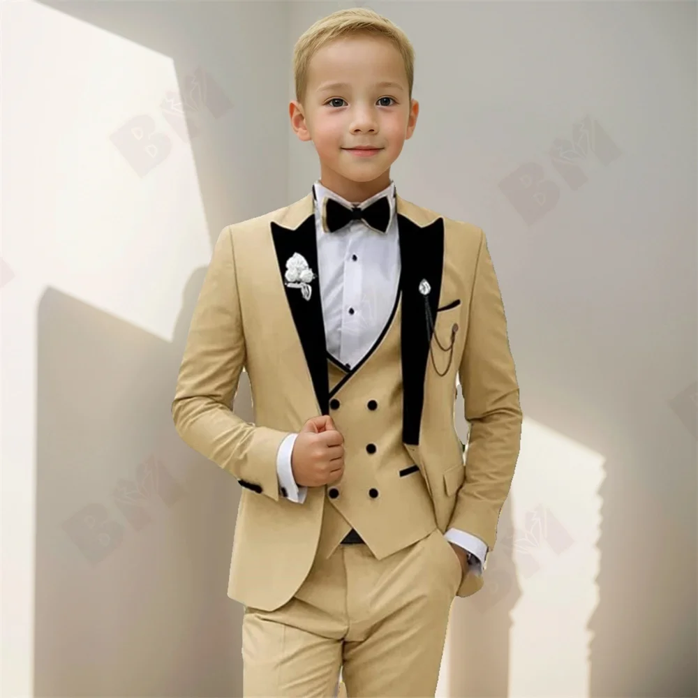 Children Formal Champagne Suit Set Boy Blazer Pants Bowtie Clothes Kids Wedding Party Performance Catwalk Show Photo Costume