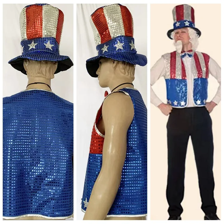 Uncle Sam Cosplay Costume Men Independence Day Sequins Waistcoat Bow Tie Hat Carnival Dress Up Suit 2024 Festival Outfit