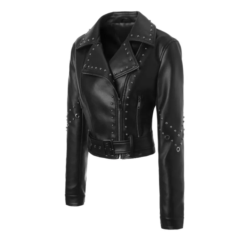 Jaqueta de couro preta de ajuste regular feminina high street moto biker jaqueta outono blusão punk rebite jaqueta bomber roupas femininas