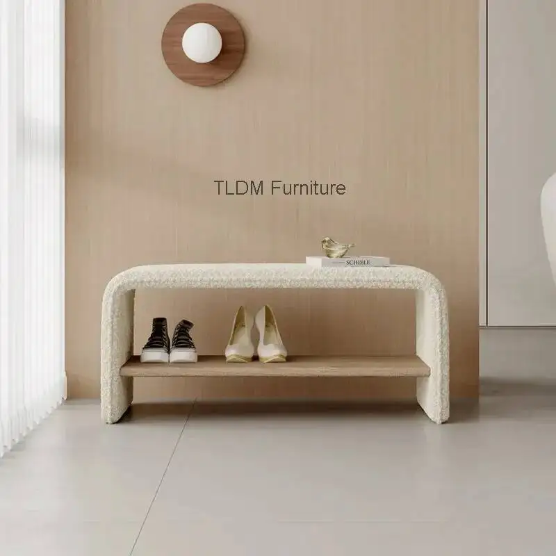 Modern Minimalist Entryway Bench with Storage - Boucle Upholstery, Open Shoe Shelf, Ottoman Bench for Living Room Hallway