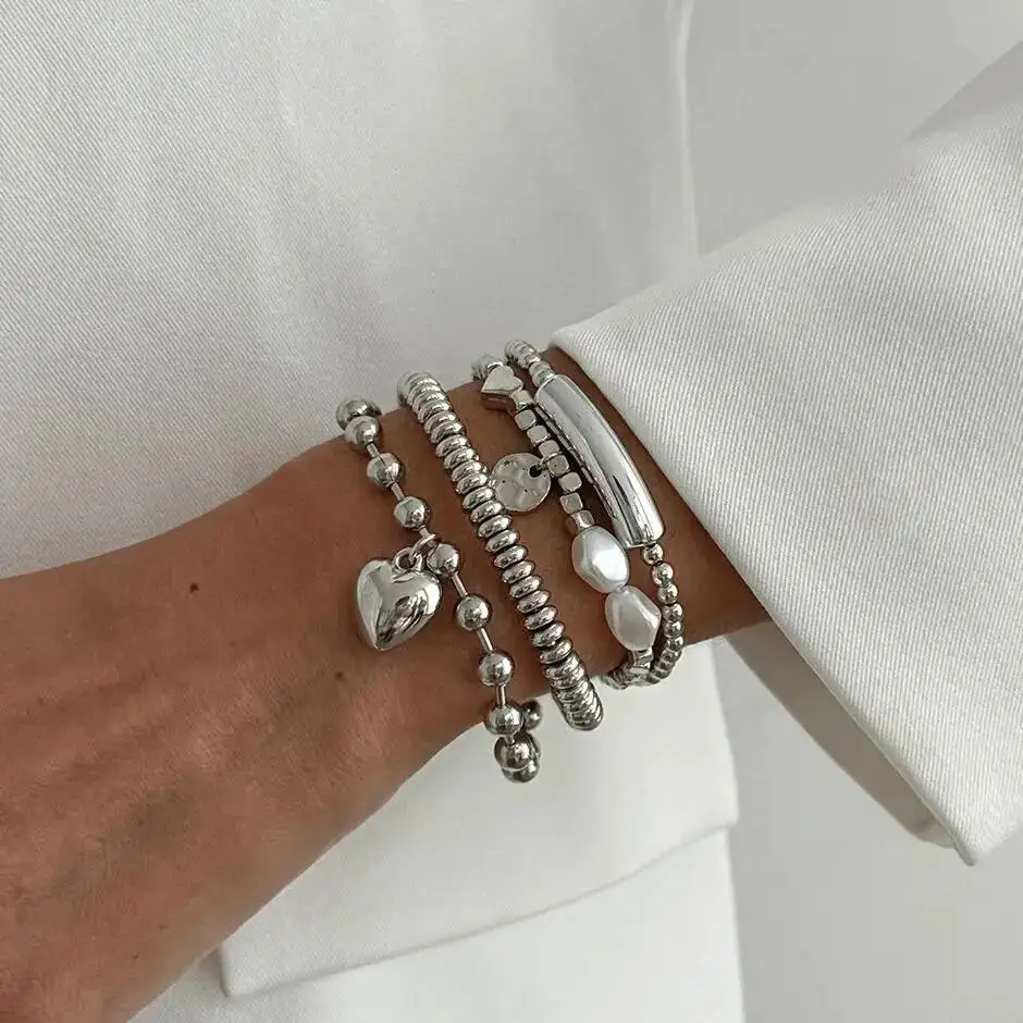 SHIXIN 4Pcs/Set Vintage Stackable Silver Color Beaded Bracelet Women Trendy Imitation Pearl Heart Pendant Bracelet Party Jewelry