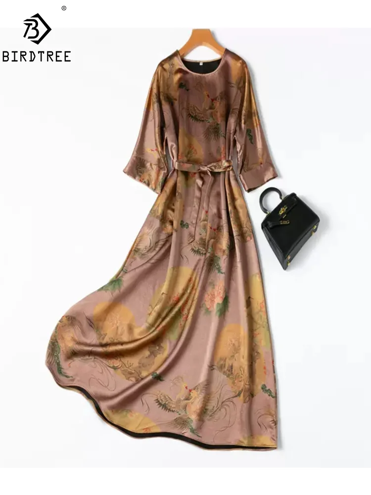 

BirdTree, 60MM Watered Gauze Silk Elegant Dress, Women 3/4 Sleeve Flower Print, Retro Loose Dresses, 2024 Summer Fall D46808QM