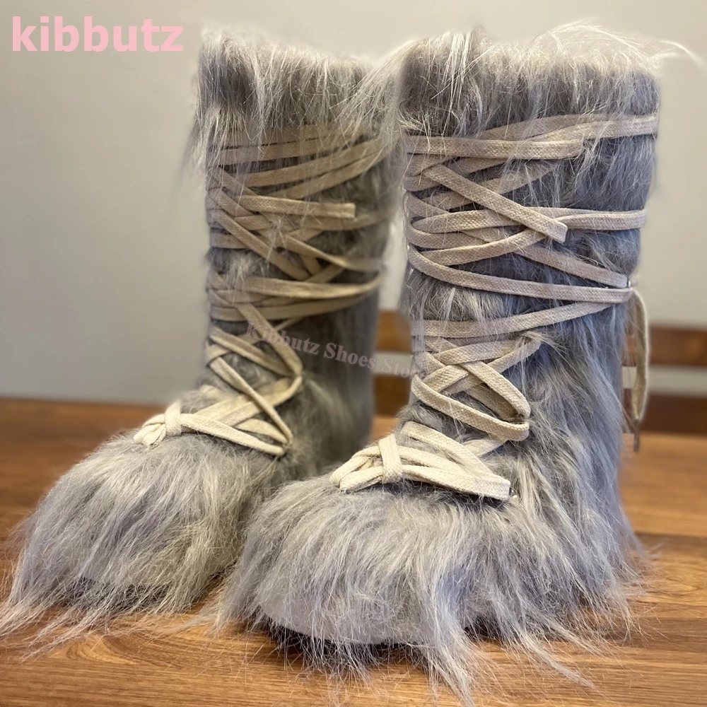 Faux Fur Mid Calf Boots Furry Winter Warm Lace-Up Platform Round Toe Height Increasing Fashion Novelty Concise Sexy Women Shoes